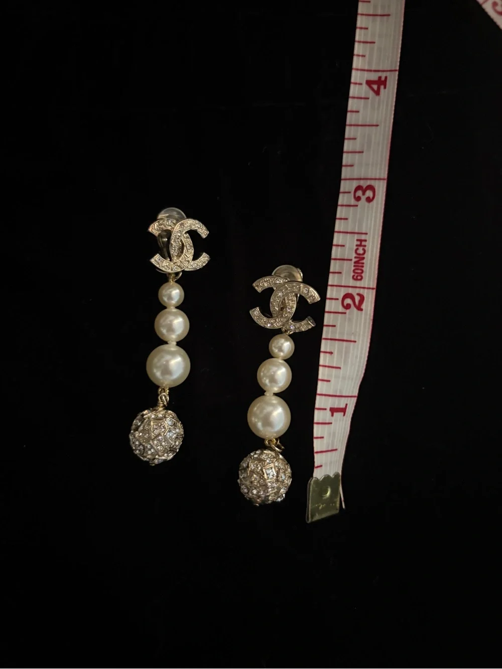 Chanel CC Crystal and Faux Pearl Drop Earrings- clip back